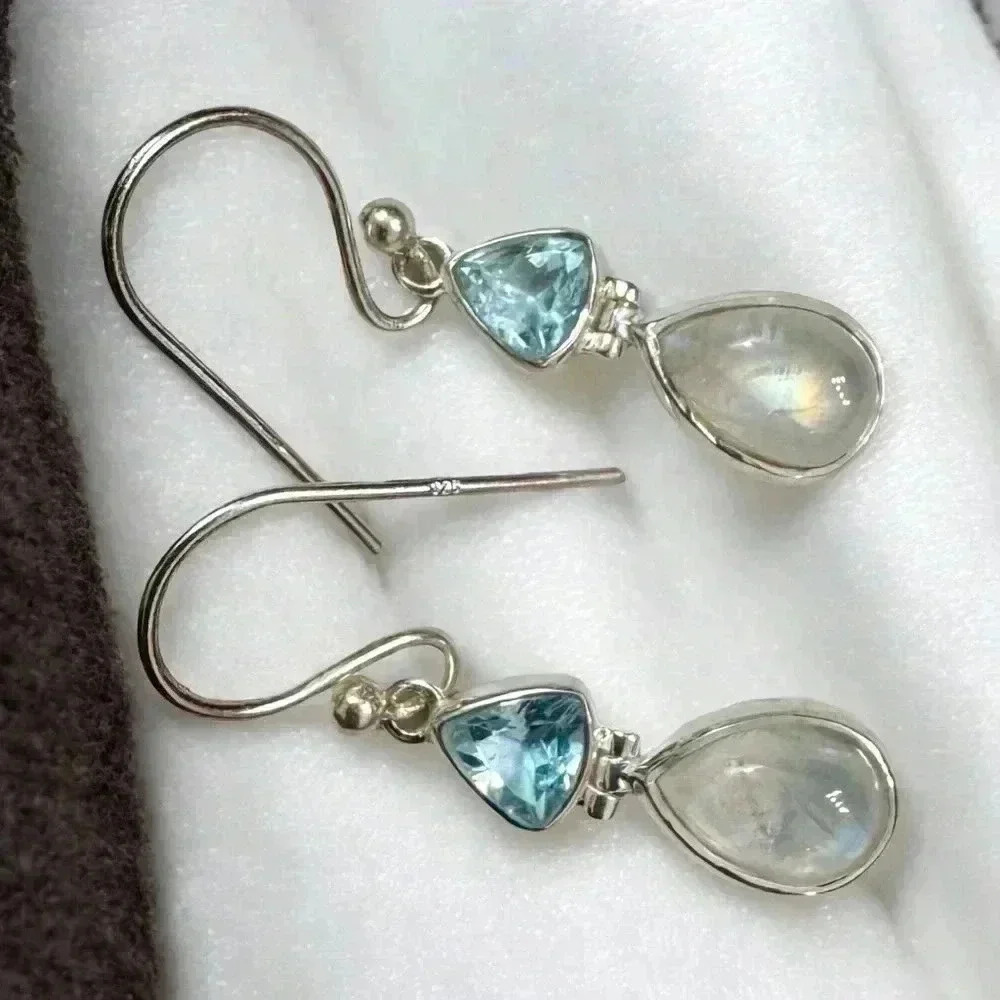 Swiss Blue Topaz & Moonstone Hinged Sterling Silver Earrings